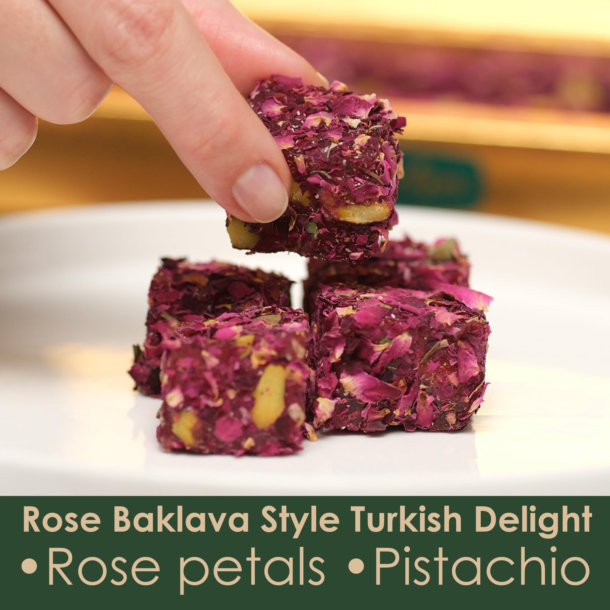 Turkish Delight with Rose Petals and Pistachio - Soft Lokum Candy, Gourmet Turkish Sweets Gift Box, Delicias Turcas, 17.6 oz (500g)