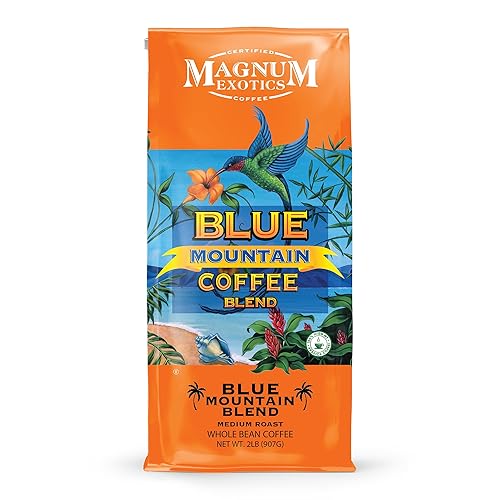 Magnum Exotics Coffee, Blue Mountain Blend - Medium-Light Roast, Whole Bean, Made from 100% Arabica Beans, Rich & Smooth Flavor, Fresh Roast - Blue