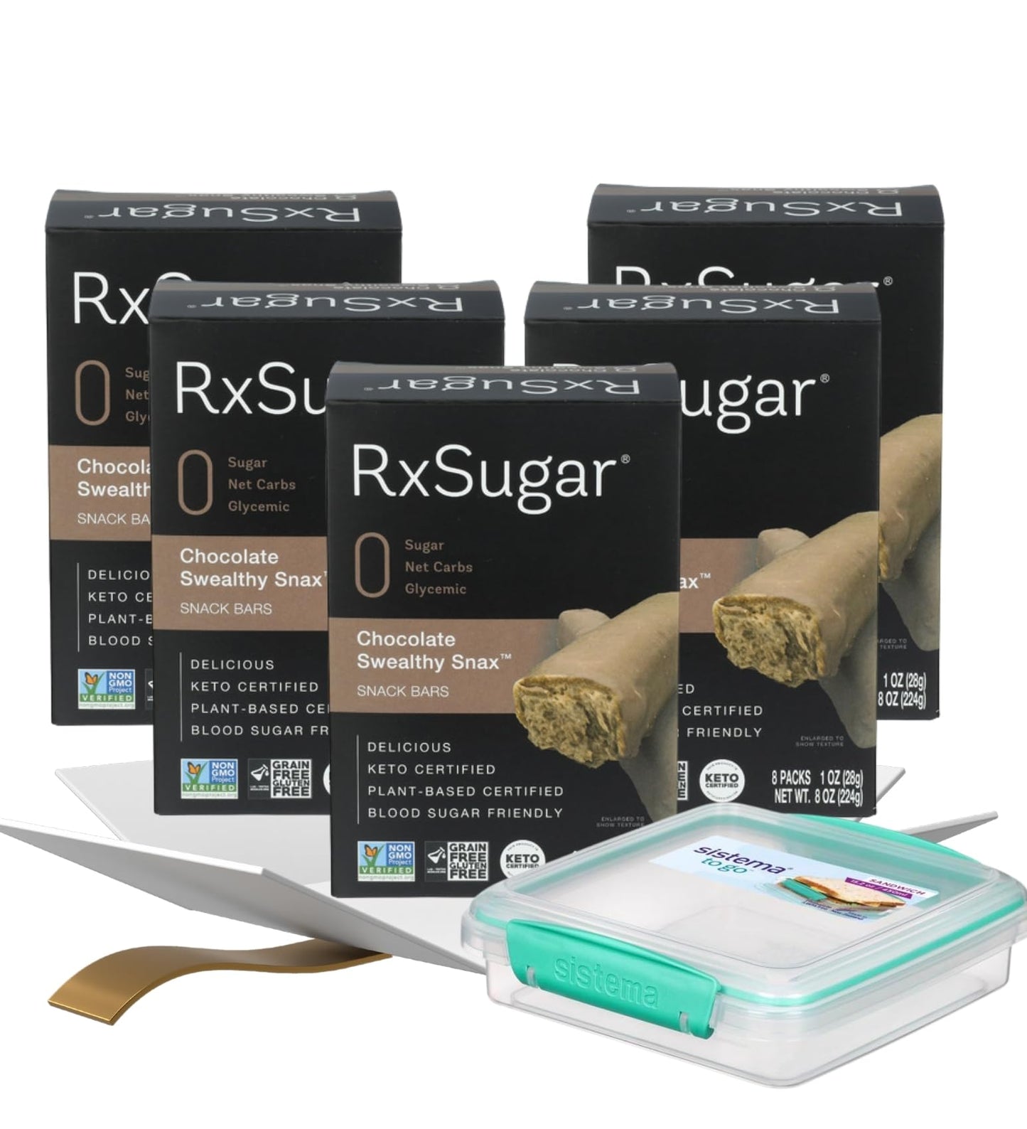 5x Plant Based Keto Choco Bar 8 oz Bundle with Sandwich Box - Dark Chocolate Vegan Snack Bars with Protein Blend and Reusable Food Container