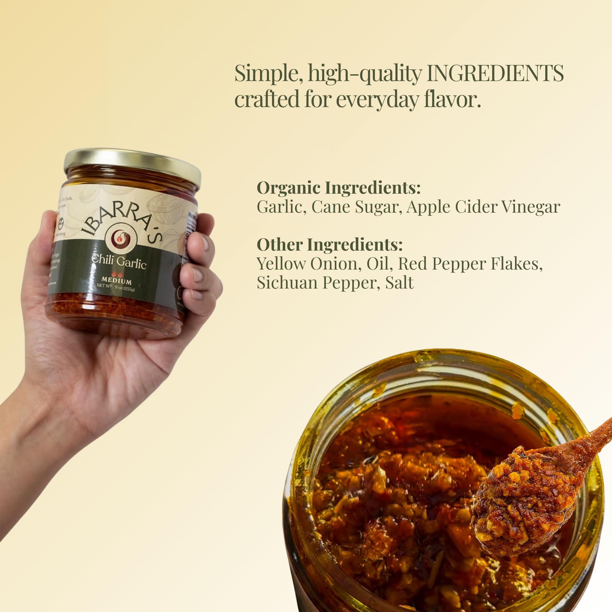 IBARRA'S Chili Garlic - 9oz (Pack of 1) - "The all-around, premium sauce for spice and flavor". Vegan-friendly. Small-batch production. Gluten-free