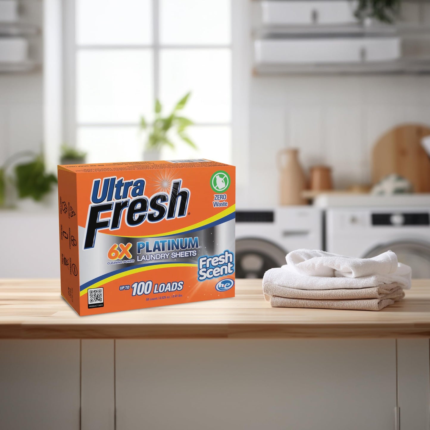 Ultra Fresh 50 Count Laundry Detergent Sheets for All Machine Types, 6X Platinum, Up to 100 Loads, Fresh Scent