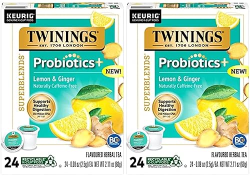 Twinings Probiotics Lemon & Ginger Herbal Tea, Supports Digestive Health, Single Serve K-Cup Pods for Keurig, Naturally Caffeine Free, 24 Count (Pack