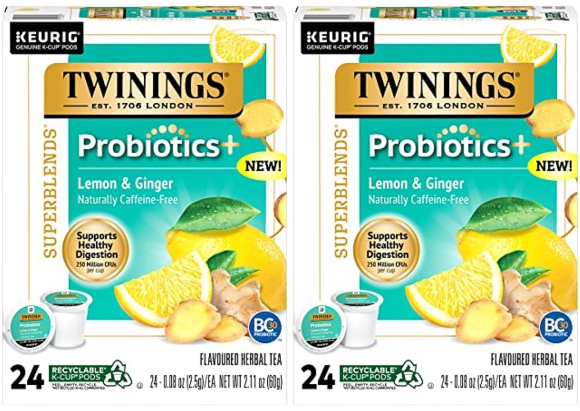 Twinings Probiotics Lemon & Ginger Herbal Tea, Supports Digestive Health, Single Serve K-Cup Pods for Keurig, Naturally Caffeine Free, 24 Count (Pack