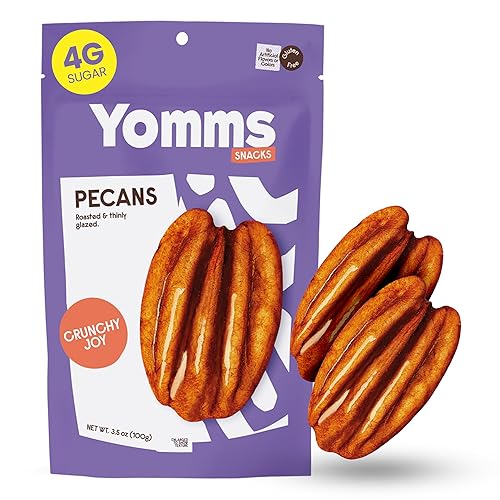 Yomms Crunchy Joy Glazed Whole Pecan Halves, 3.5 oz, Gluten-Free & Non-GMO Healthy Dessert Snack - Low Sugar Classic Candied Nut Pouch - Roasted