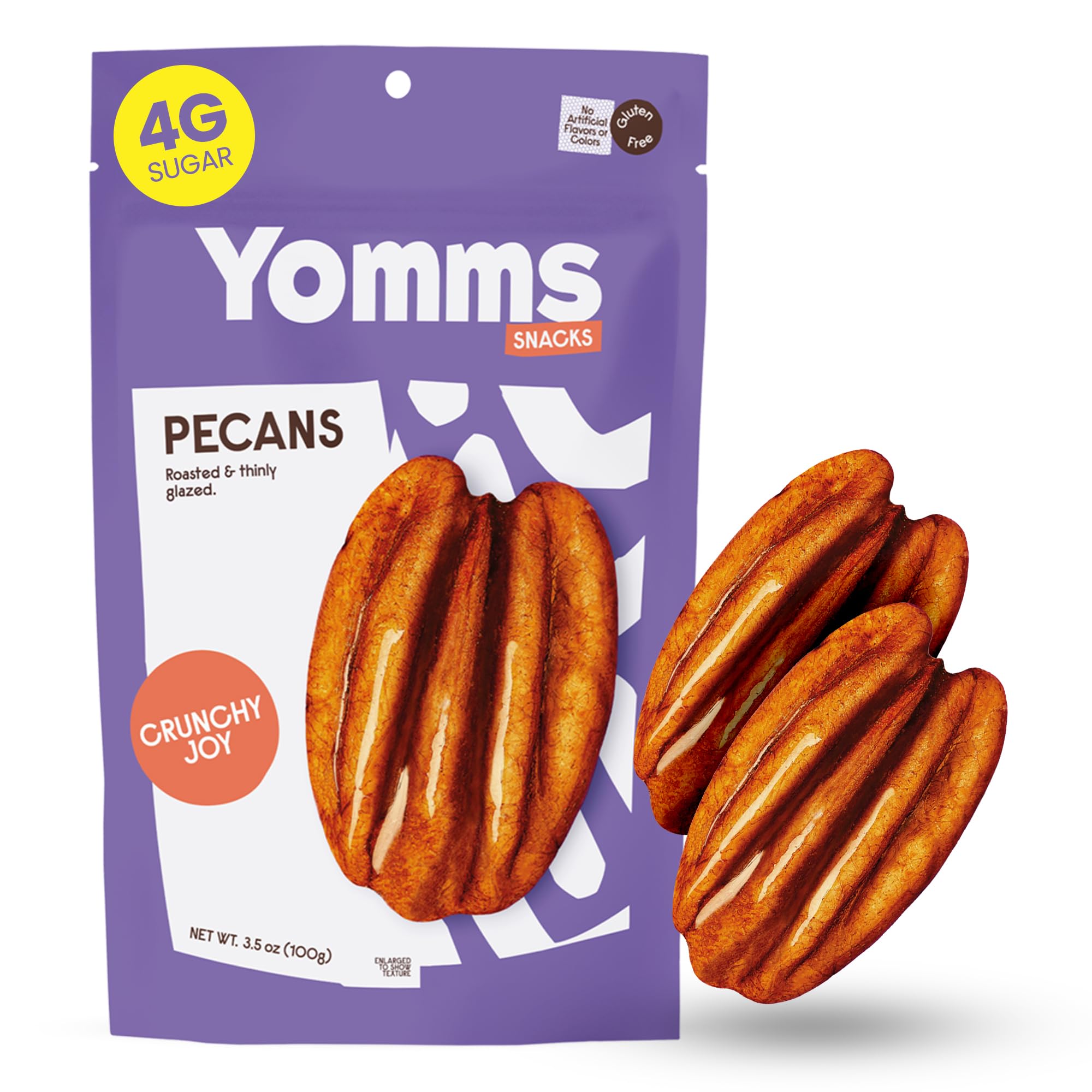 Yomms Crunchy Joy Glazed Whole Pecan Halves, 3.5 oz, Gluten-Free & Non-GMO Healthy Dessert Snack - Low Sugar Classic Candied Nut Pouch - Roasted