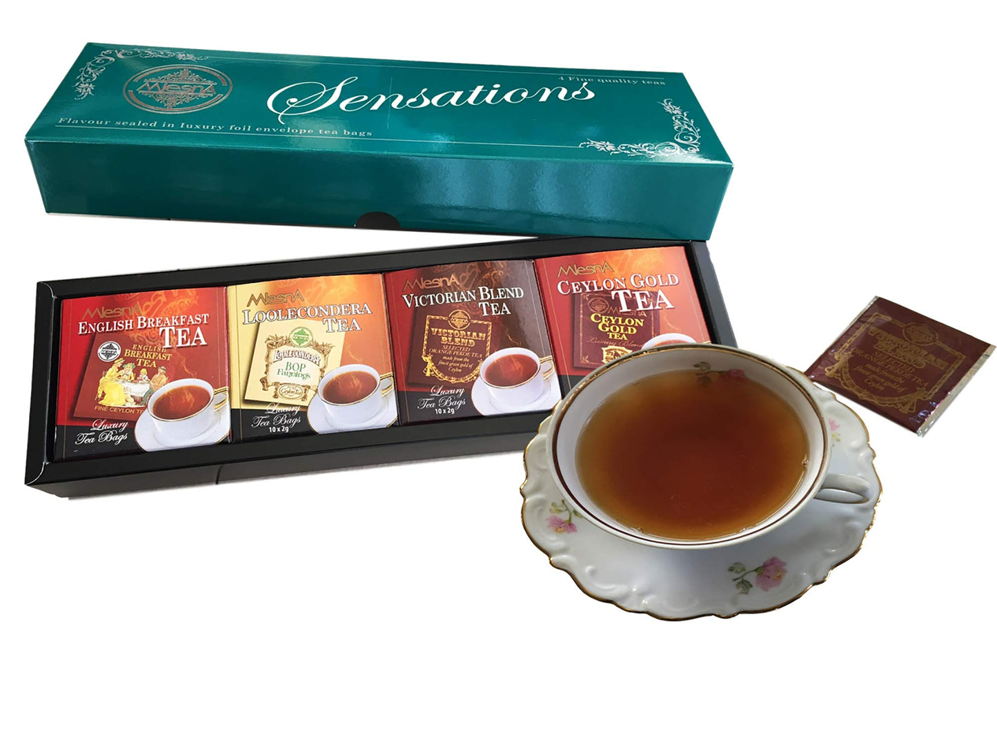 Mlesna Sensations Black Pure Ceylon Tea Foil-Wrapped Envelop Four Assorted Tea Collection - English Breakfast, Looleconderea, Victorian Blend, Ceylon