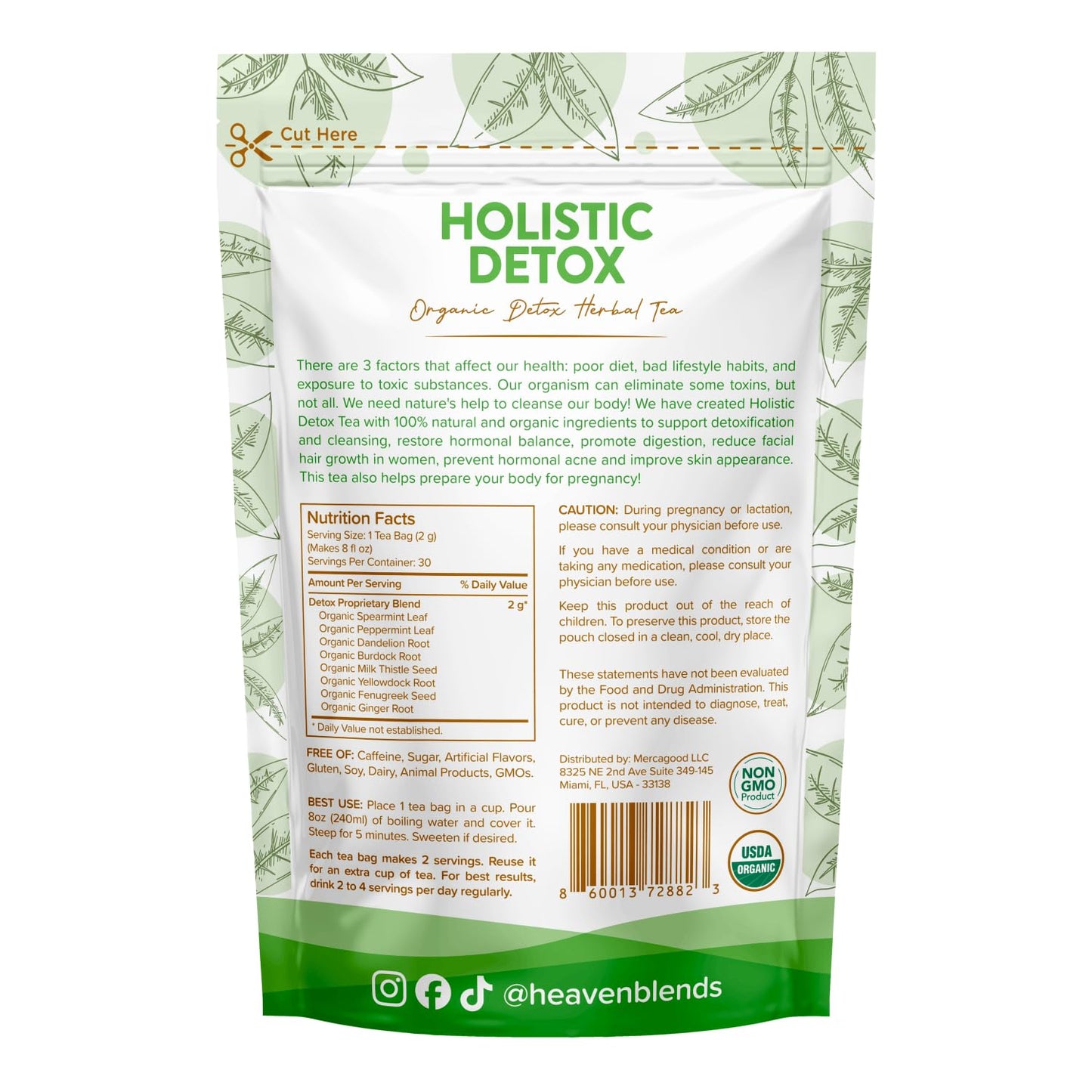 Heaven Blends Organic Holistic Detox Tea - USDA Organic - Spearmint, Dandelion, Burdock, Milk Thistle Seed, Fenugreek & Yellowdock Root - sugar free