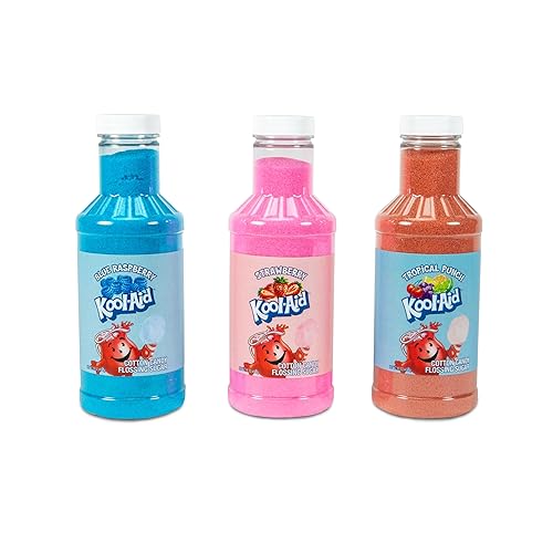 Nostalgia Kool-Aid Cotton Candy Variety Kit - 3 Flossing Sugar Flavors (Blue Raspberry, Strawberry, Tropical Punch) - 7-oz Bottles - Compatible
