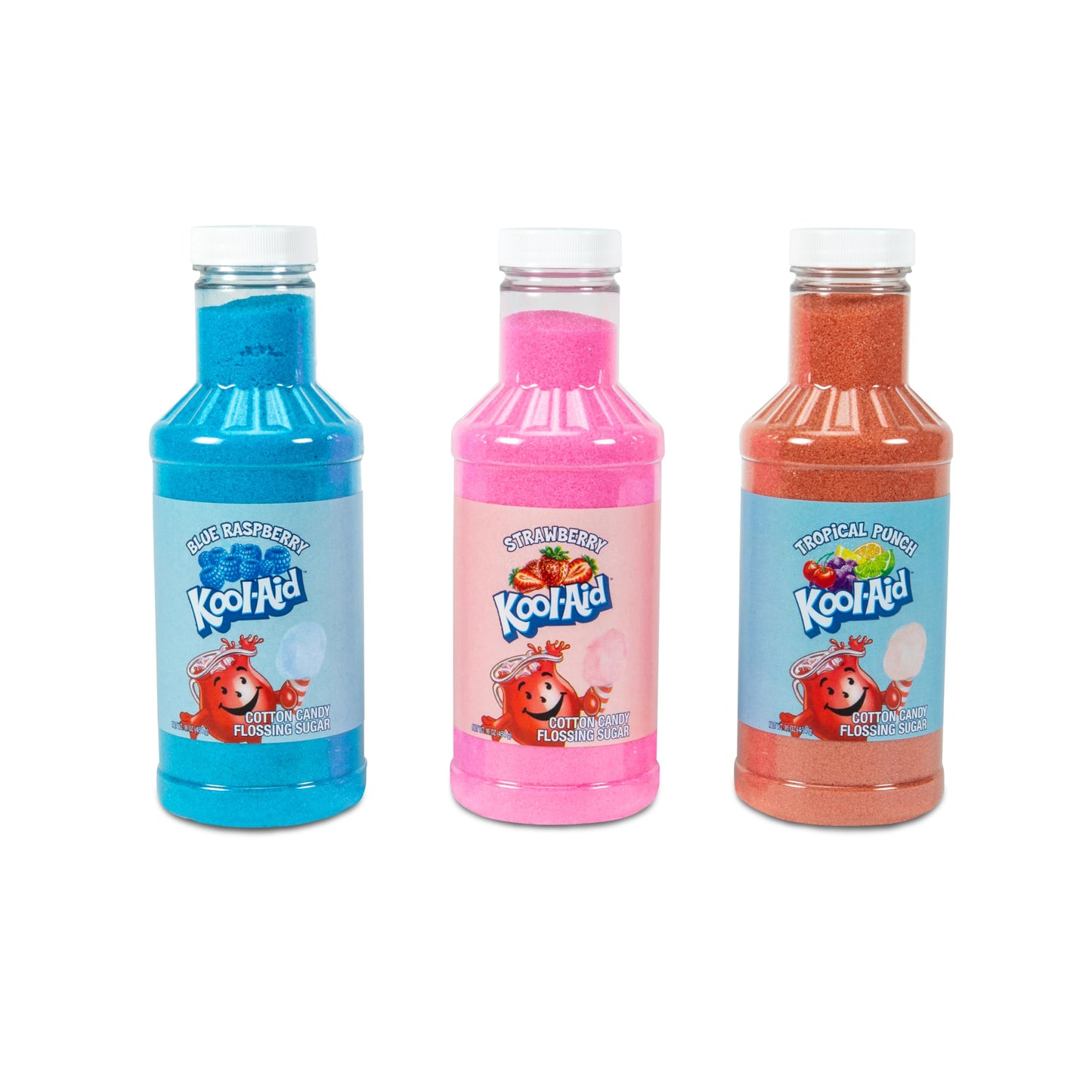 Nostalgia Kool-Aid Cotton Candy Variety Kit - 3 Flossing Sugar Flavors (Blue Raspberry, Strawberry, Tropical Punch) - 7-oz Bottles - Compatible