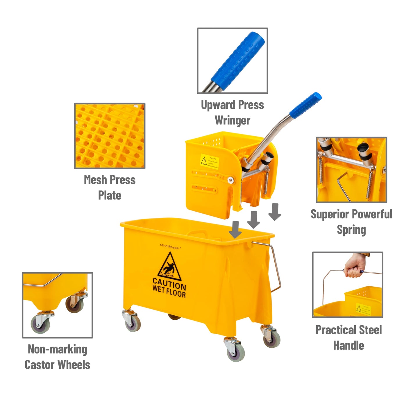 Mind Reader Mop and Bucket Set with Wringer, Mop Included, 5.5 Gallon Cleaning System with Wheels, Upward Press Wringer, Small Mop Compatible
