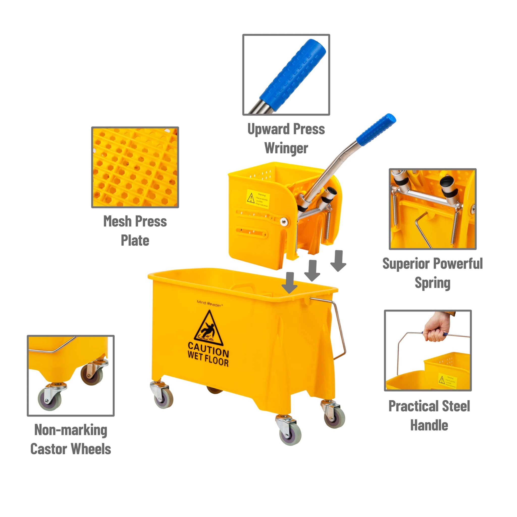 Mind Reader Mop and Bucket Set with Wringer, Mop Included, 5.5 Gallon Cleaning System with Wheels, Upward Press Wringer, Small Mop Compatible