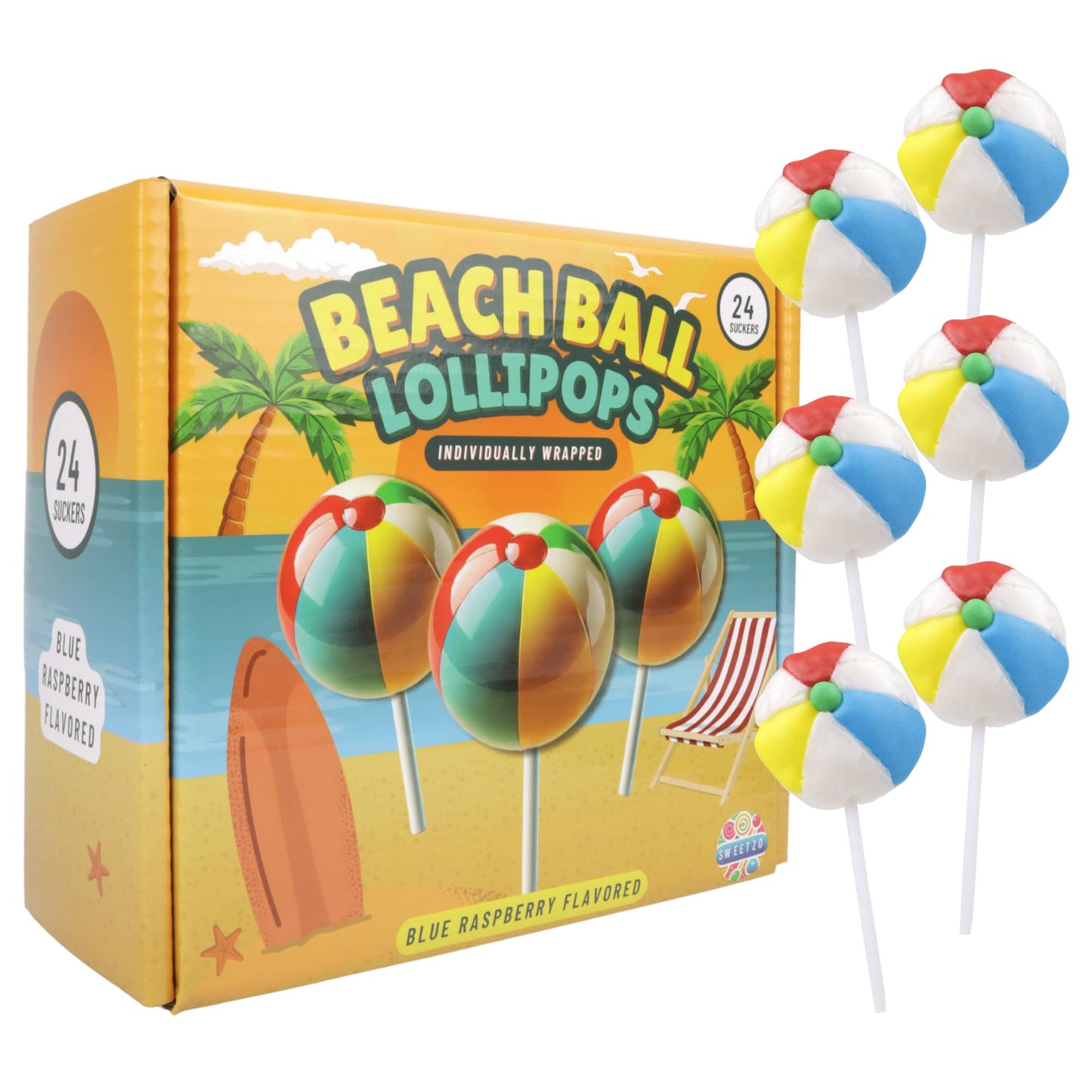 Beach Ball Lollipops, Individually Wrapped Blue Raspberry Suckers, Tropical Favors, 24 Count, 10.16 Ounces
