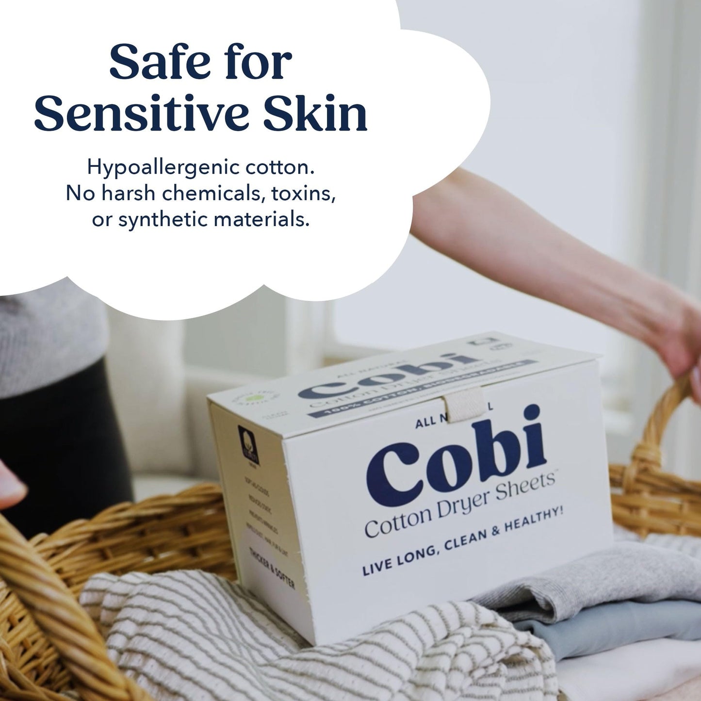 Cobi Eco-Friendly Dryer Sheets - 100% Cotton Biodegradable Non-Toxic & Unscented for Sensitive Skin, Clean Plant-Based Static Control, 120 Count
