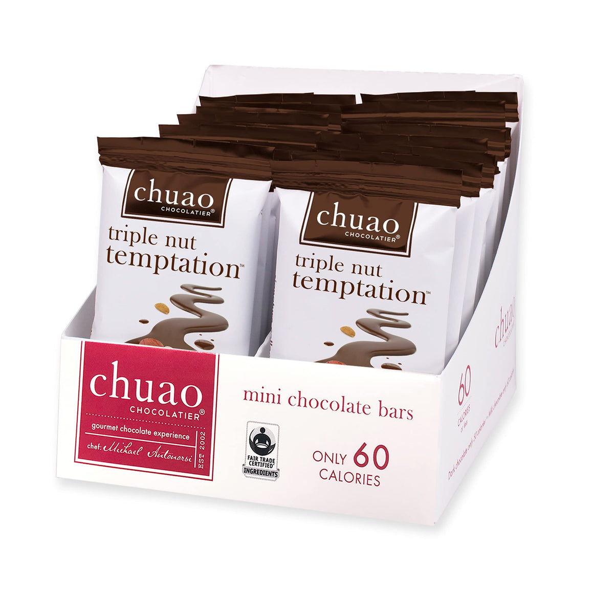 Chuao Chocolatier Triple Nut Temptation Dark Mini Chocolate Bars | Gourmet Pistachios Almonds Hazelnuts No Preservatives | 24 Pack (0.39 oz each)