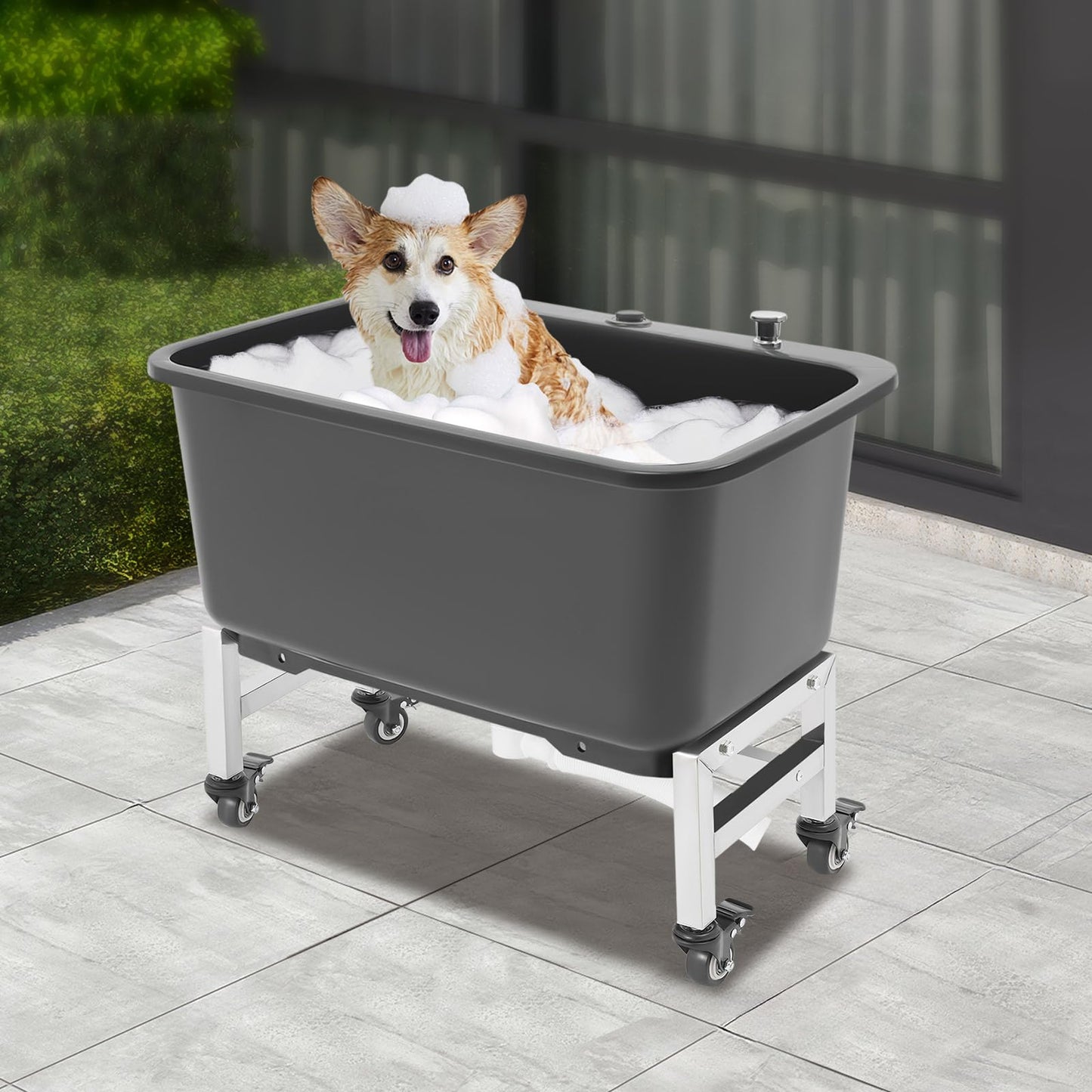 Portable Mop Sink w/Wheels Plastic Utility Sink Basin Freestanding Mop Bucket for Laundry Room, Garage, Basement, Garden, One-Touch Drain Function