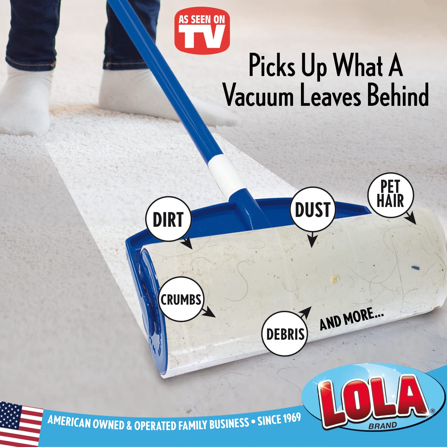 LOLA Rola Sticky Mop Refills, Giant Adhesive Roller, Traps Dirt, Dust & Hair, 30 Sheets, Pet Hair Remover, Floor & Carpet Cleaner, 1 Pack