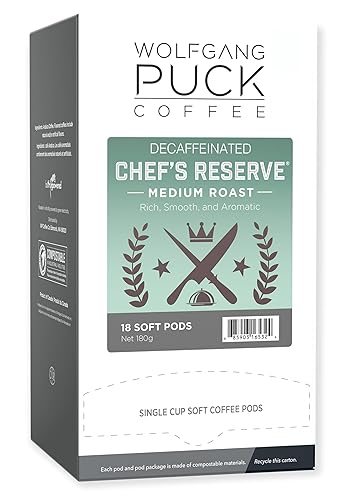 Wolfgang Puck Coffee, Chef's Reserve Decaf, 9.5 Gram Pods, 18 Count (WGP016432)