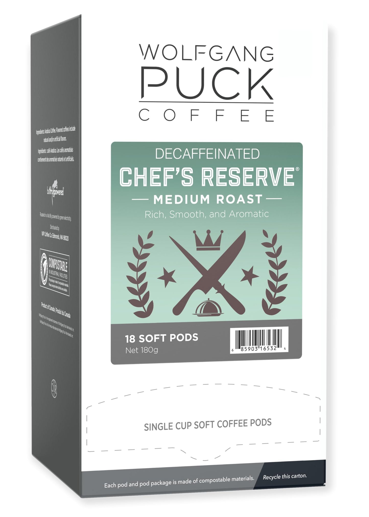 Wolfgang Puck Coffee, Chef's Reserve Decaf, 9.5 Gram Pods, 18 Count (WGP016432)