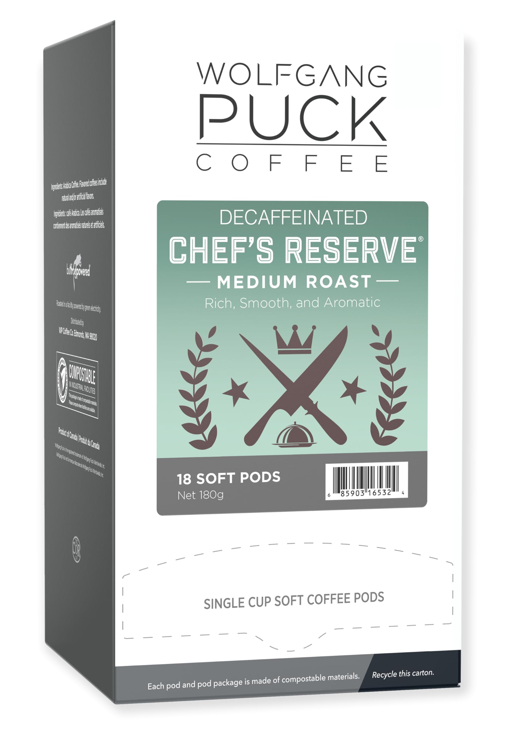 Wolfgang Puck Coffee, Chef's Reserve Decaf, 9.5 Gram Pods, 18 Count (WGP016432)