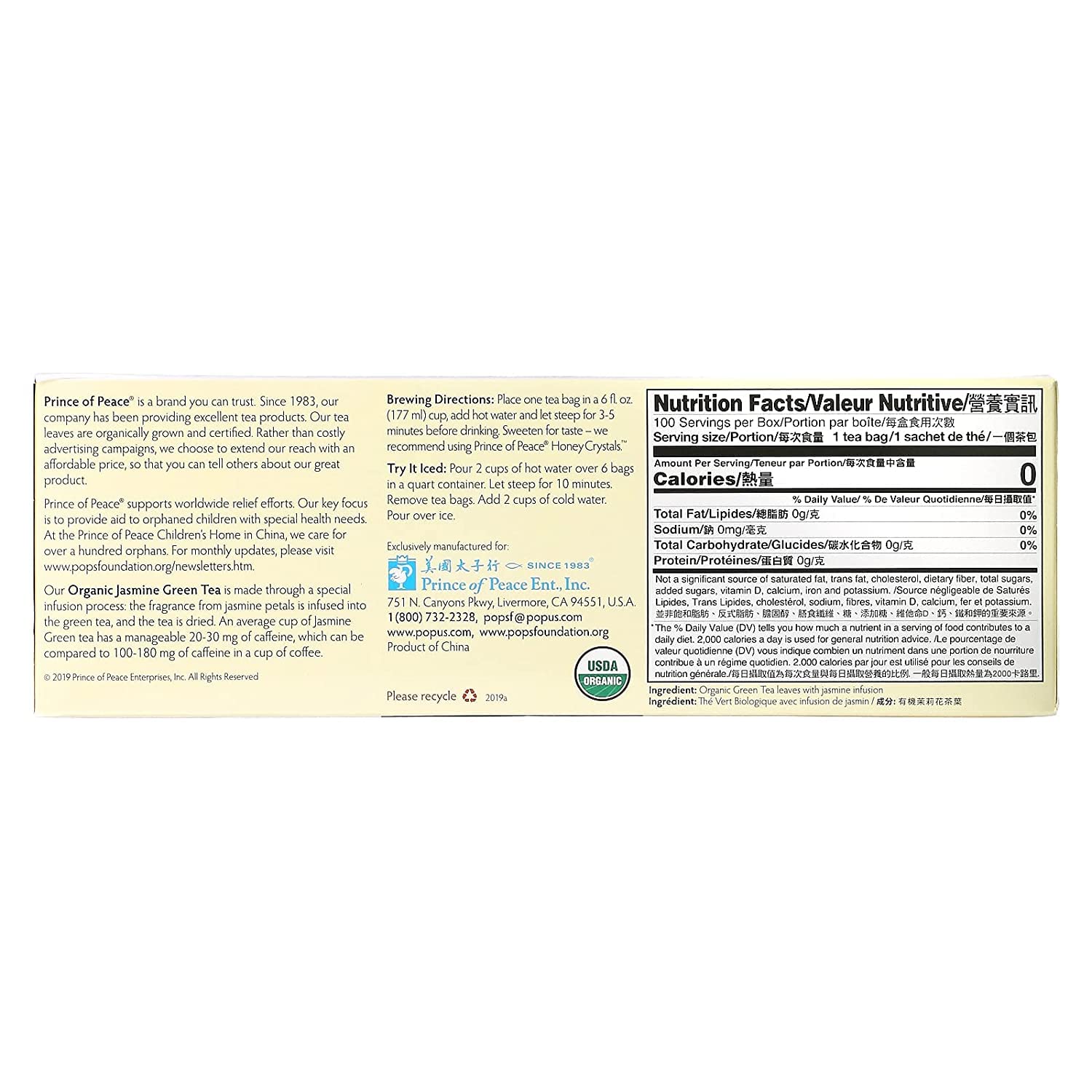 Prince of Peace - Organic Jasmine Green Tea - 100 Tea Bags