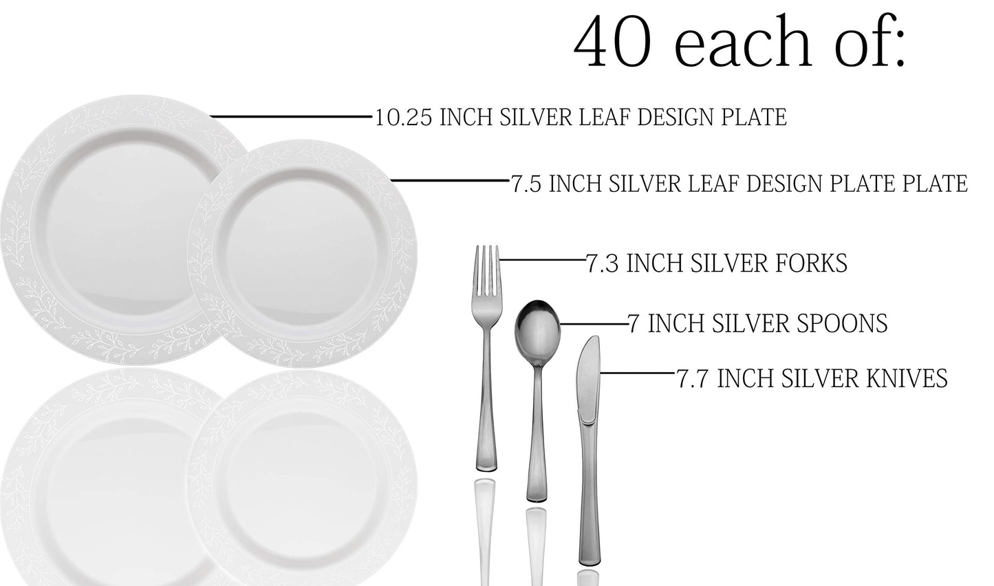 Exquisite 200 Pcs Heavyweight Disposable Plastic Plates and Cutlery Set Includes 40 Silver Leaf Trim Dinner Plates 40 Silver Dessert Plates and 40 Pcs