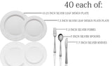 Exquisite 200 Pcs Heavyweight Disposable Plastic Plates and Cutlery Set Includes 40 Silver Leaf Trim Dinner Plates 40 Silver Dessert Plates and 40 Pcs