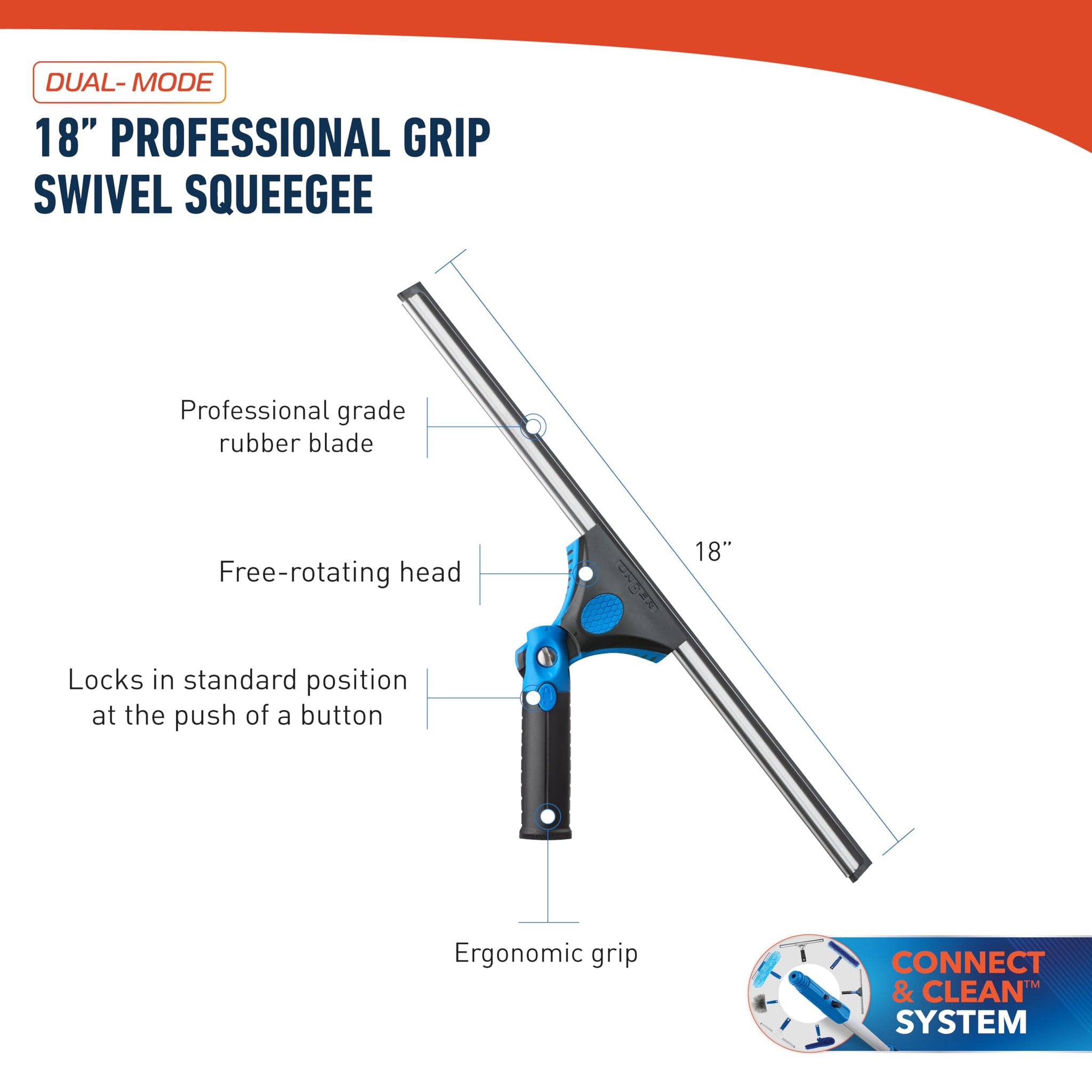 Unger 18-inch Professional Grip Swivel Squeegee - Professional Grade Window Squeegee for the Home, Large Squeegee for Glass Window Cleaning