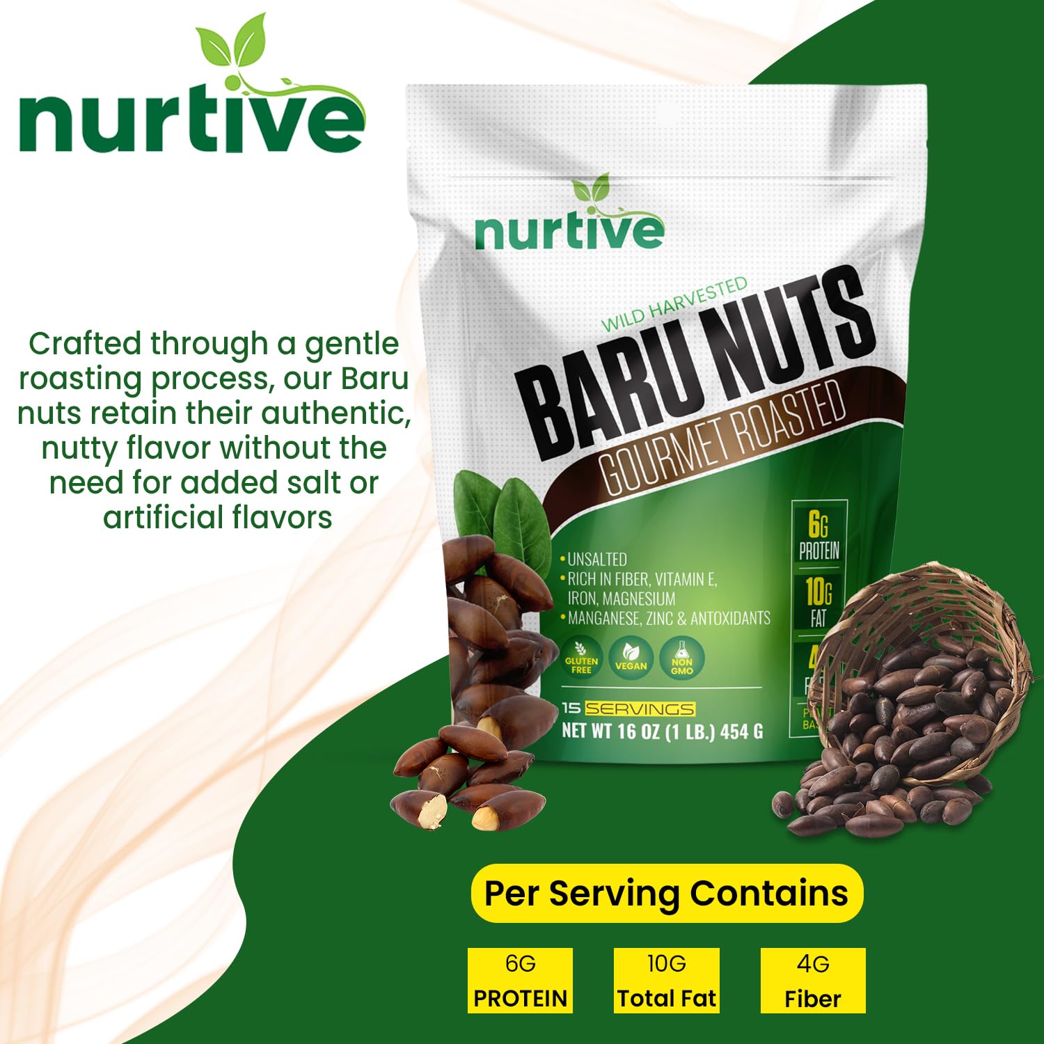 Nurtive Baru Nuts - Gourmet Roasted - Wild Harvested & Unsalted - Plant-Based Protein, Rich in Fiber, Essential Minerals and Antioxidants - Non-GMO