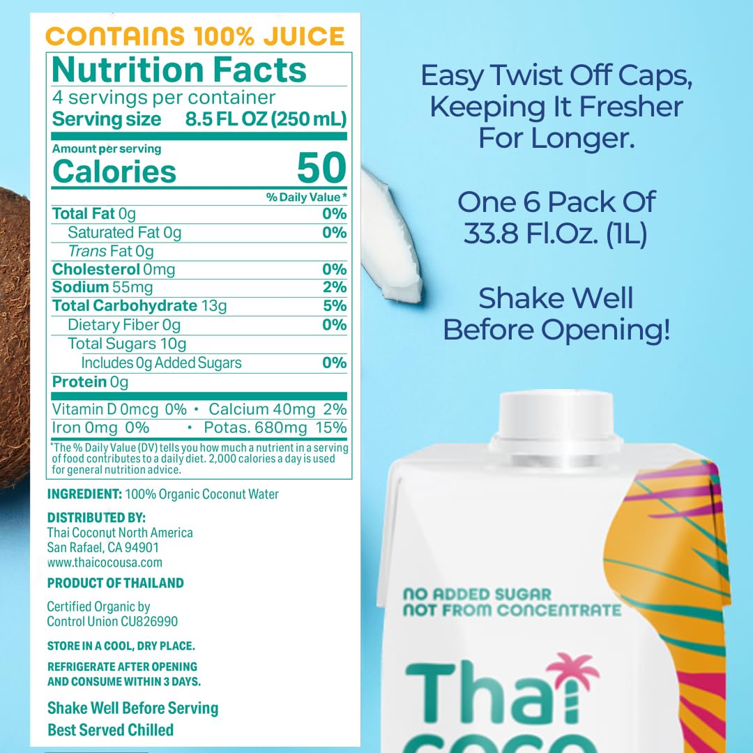 Thai Coco Organic Coconut Water, No Sugar Added, No Artificial Ingredients, Natural Electrolytes, 100% Pure, Not from Concentrate - 33.8 fl. oz. (6