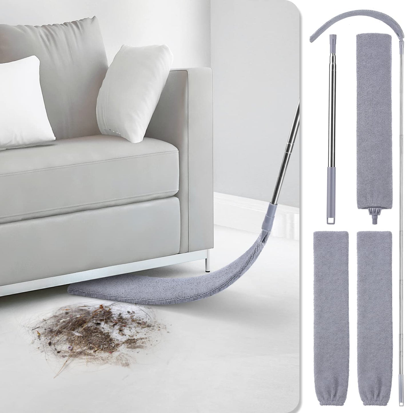 Retractable Gap Dust Cleaner with 3 Microfiber Dusting Cloths & 30-100 inch Extendable Long Handle, Retractable Duster Brush for Cleaning Under