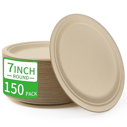 FRUTLE 150 Pack 7 INCH Paper Plates,Unbleached Heavy Duty Disposable Paper Plates for large party, picnics,Eco-Friendly Everyday Use,Commercial