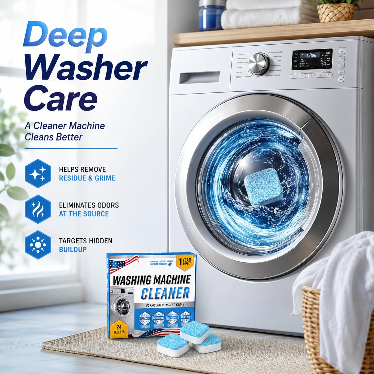 Washing Machine Cleaner Tablets 24 Pack, Washer Machine Cleaner Descaler for HE Front Loader & Top Load Washers, Laundry Machine Cleaner Tablets