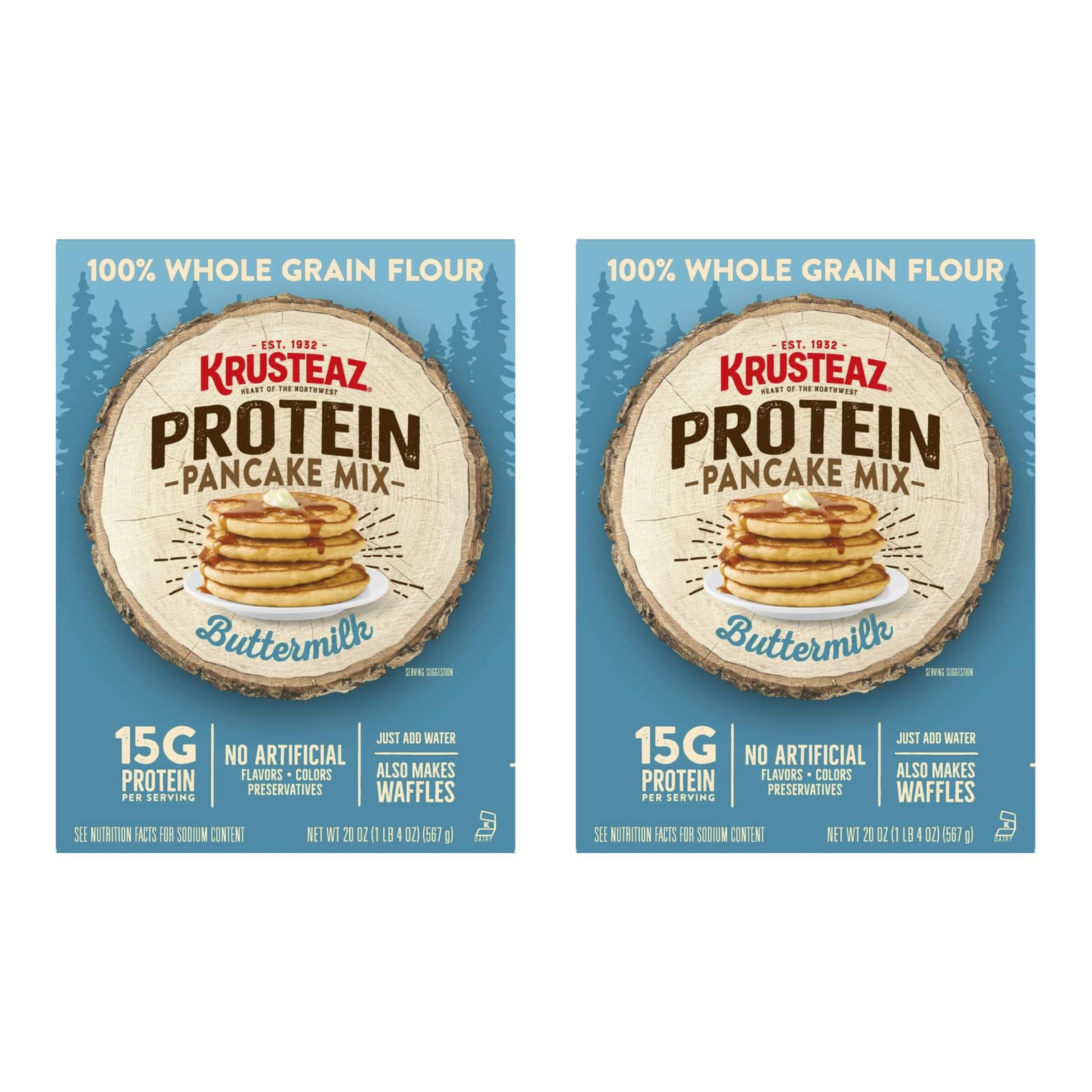Krusteaz Protein Pancake Mix, Buttermilk Pancake Mix, 100% Whole Grain Flour & 15g of Protein Per Serving, Also Makes Waffles, Just Add Water 20 Ounce (Pack of 2)