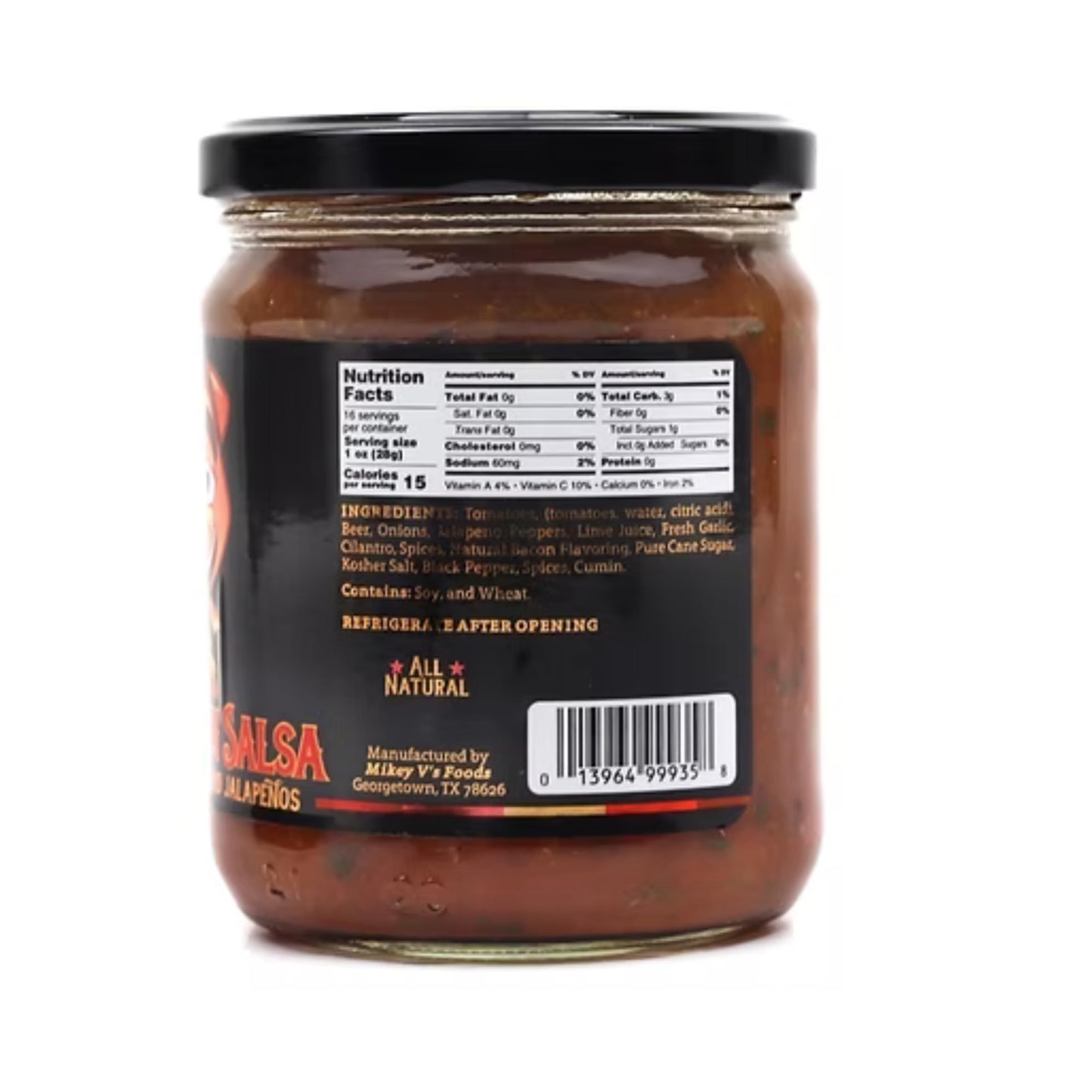 Mikey V's Smoked Bacon Salsa, 16 oz Jar - Gourmet Medium Heat Salsa with Real Bacon & Bold Savory Flavor - Perfect for Chips, Tacos, Burgers, Eggs