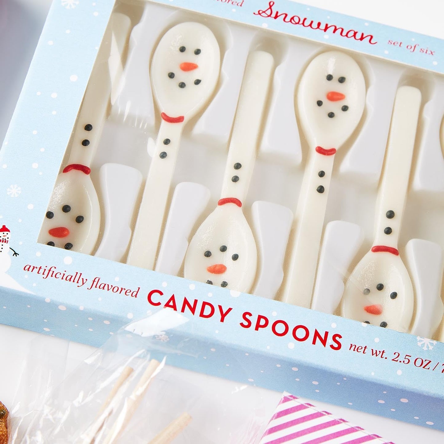 Two's Company Snowman Set of 6 Edible Vanilla Flavor Candy Spoons in Gift Box, 4-inches Length, Sugar, 82365
