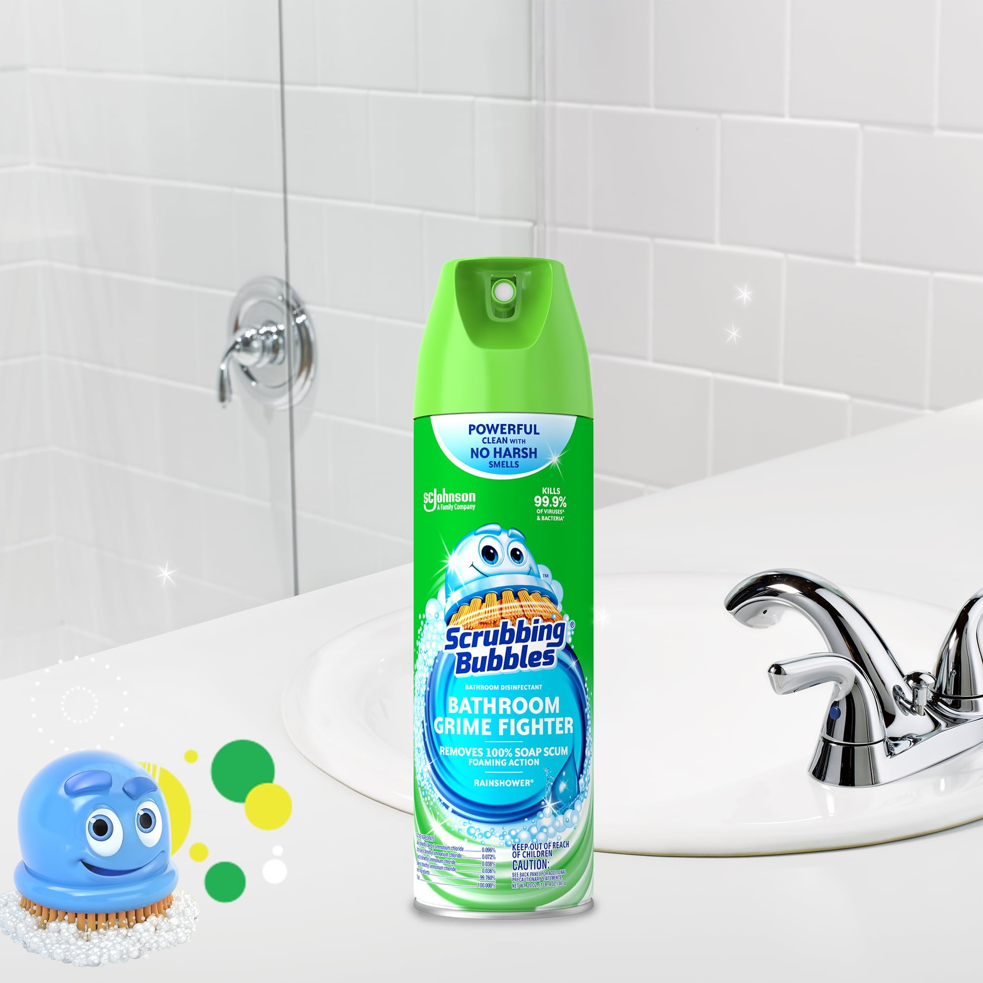 Scrubbing Bubbles Bathroom and Shower Cleaner Disinfectant Aerosol, Foaming Action Bathroom Grime Fighter, Rainshower Scent, 20oz
