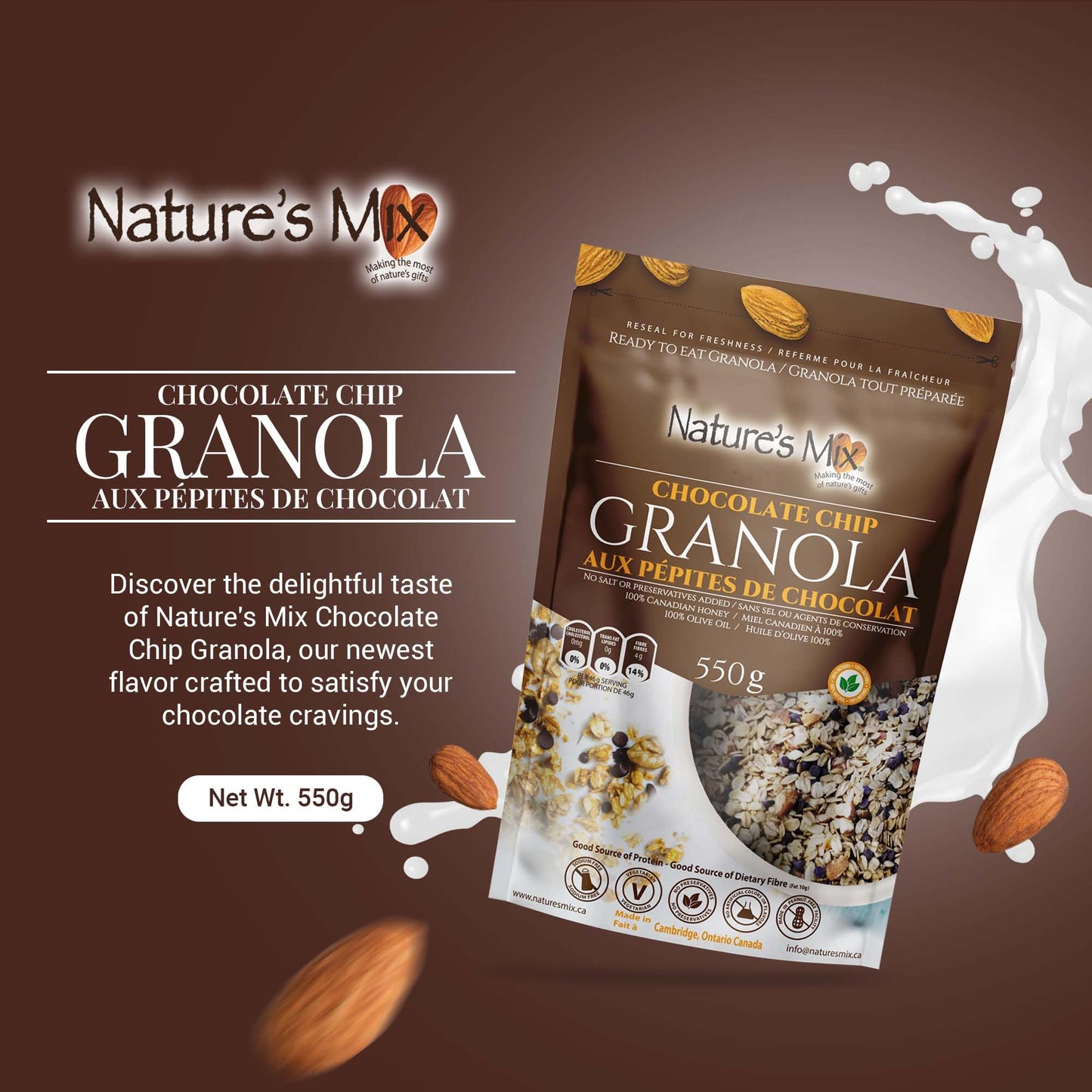 Nature's Mix - Chocolate Chip Granola (Dairy-Free) Almonds and Chocolate Chips - No Added Sugar, Soy, or Preservatives Kosher and Vegetarian - Large