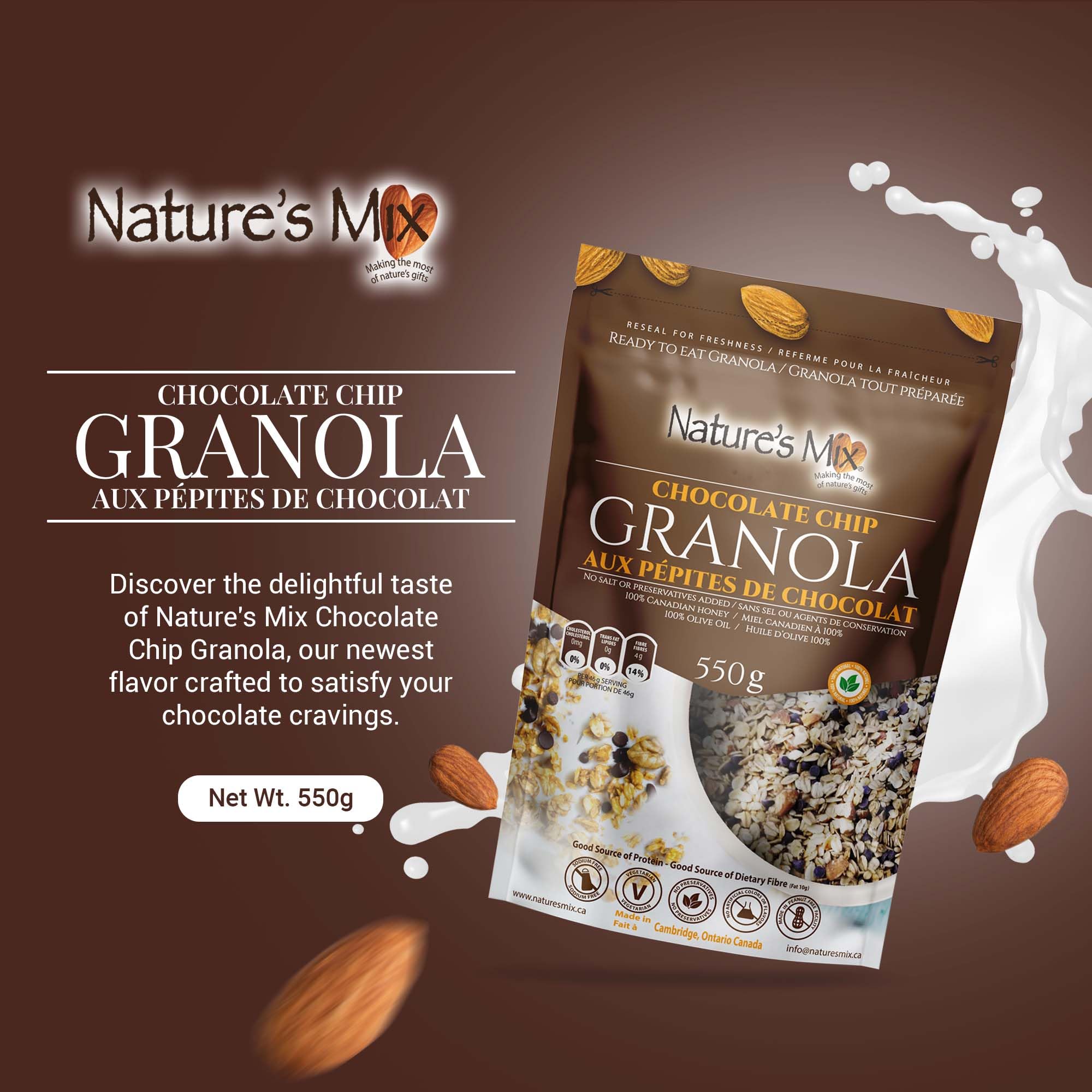 Nature's Mix - Chocolate Chip Granola (Dairy-Free) Almonds and Chocolate Chips - No Added Sugar, Soy, or Preservatives Kosher and Vegetarian - Large