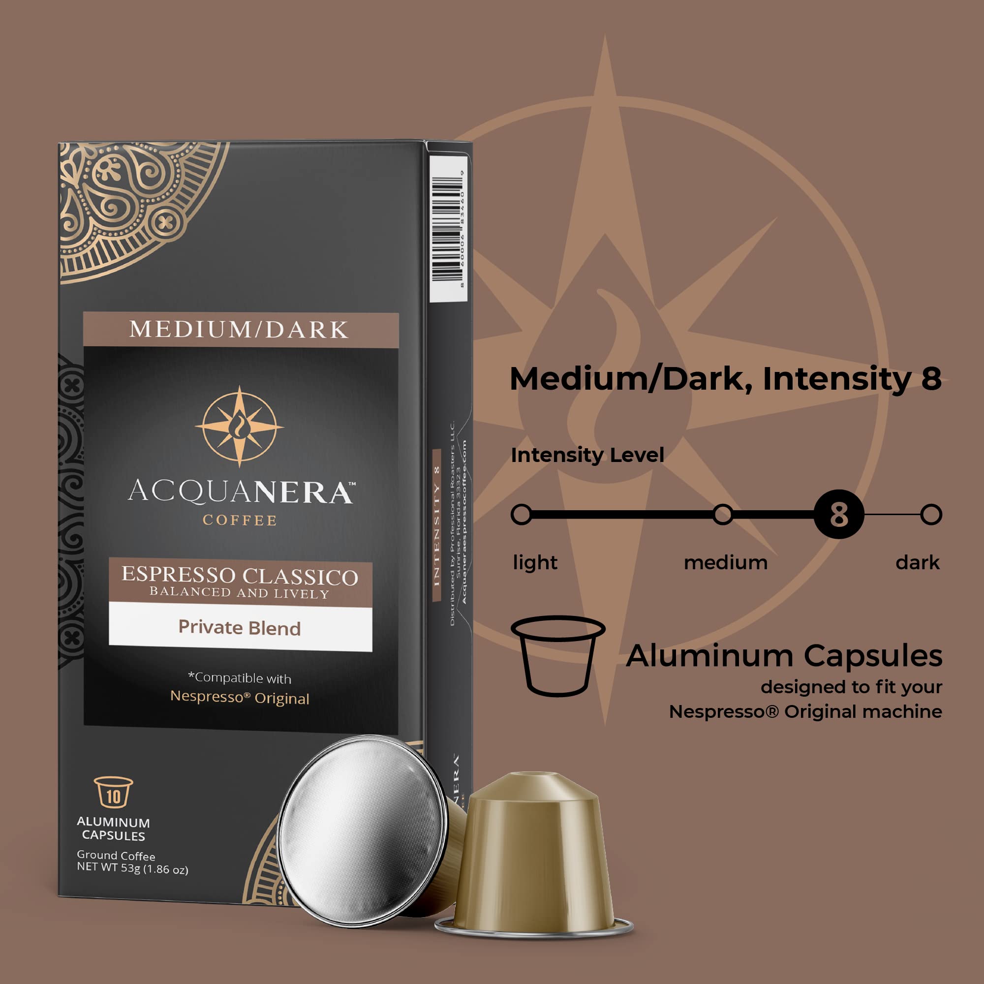 Acquanera Coffee, Espresso Aluminum Capsules, 60 Coffee Pods, Espresso Classico Medium Roast, Intensity 8, Single Cup Brews 1.35oz