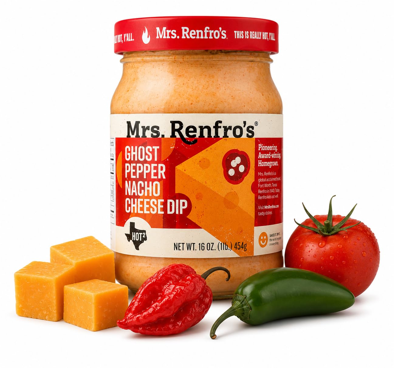 Mrs. Renfro's Ghost Pepper Nacho Cheese Dip, 16 oz Jar (Pack of 1) - Gluten Free Extra Hot Creamy Cheese Dip with Ghost Pepper - Ready-to-Serve