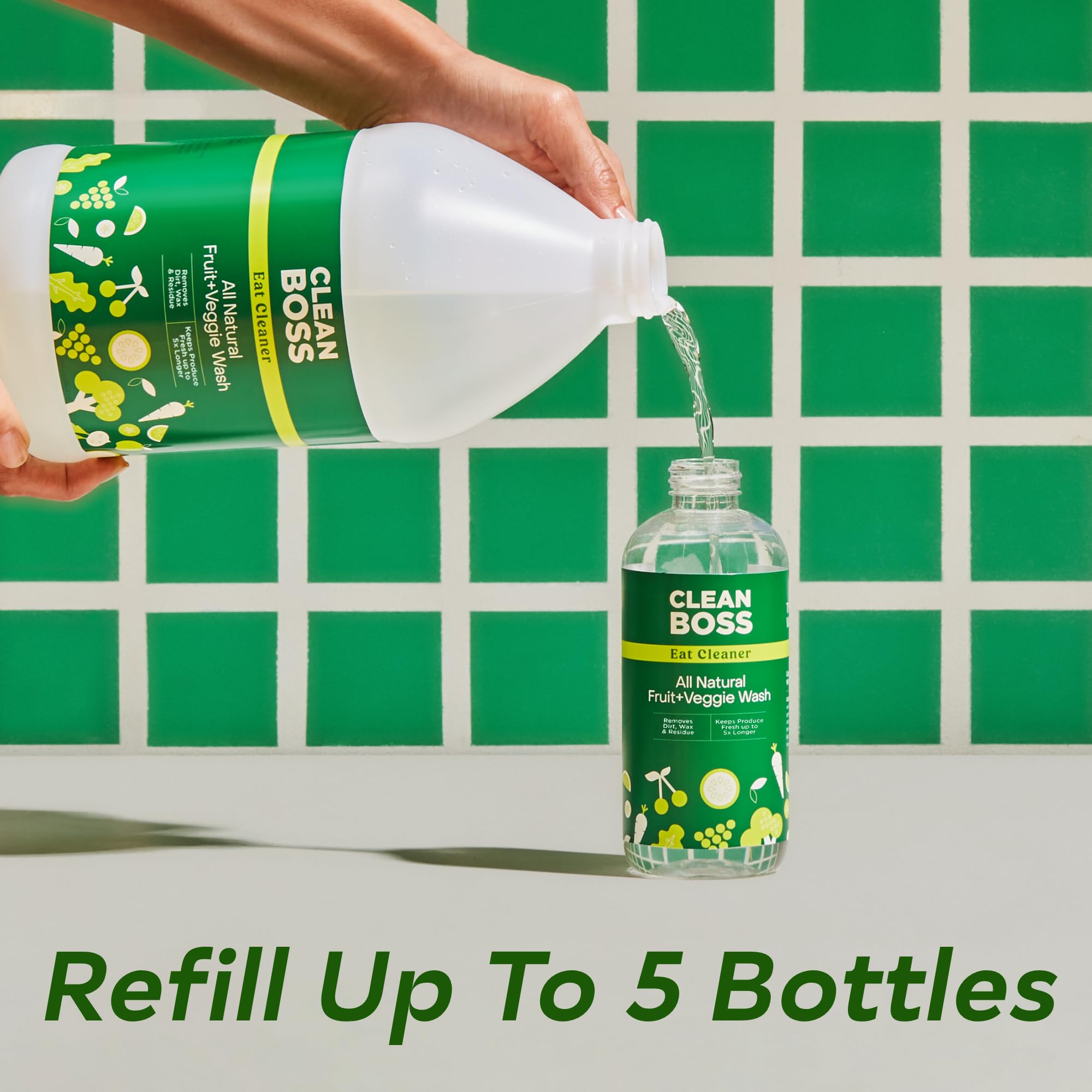CleanBoss Eat Cleaner Triple-Action Fruit + Veggie Wash Refill - 64 oz - Removes Harmful Residue - Keeps Produce Fresh Up to 5X Longer - Vegan, Gluten