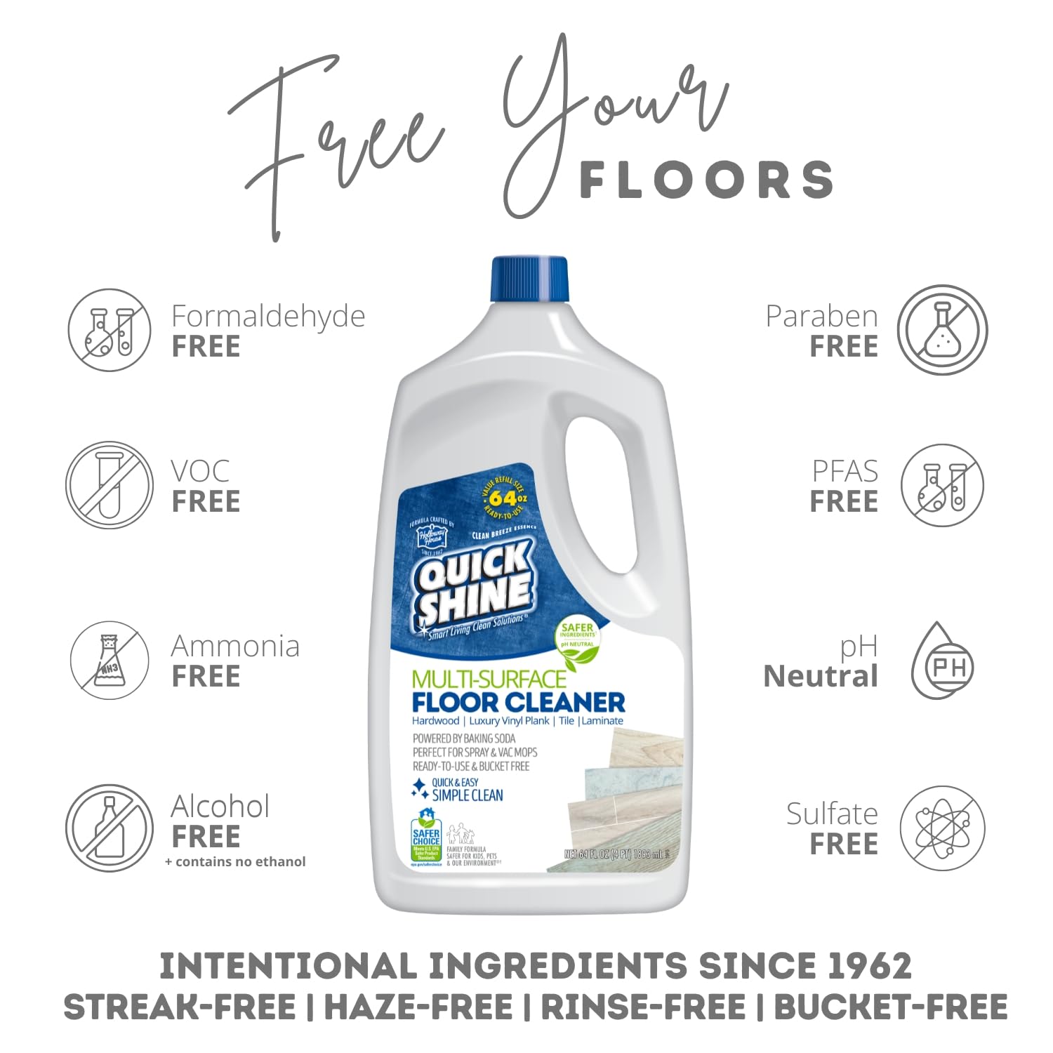 Quick Shine Multi Surface Floor Cleaner 64oz, Ready to Use-Streak Free-No Rinse, Use on Hardwood, Laminate, Luxury Vinyl Plank & Stone, Use in Spray