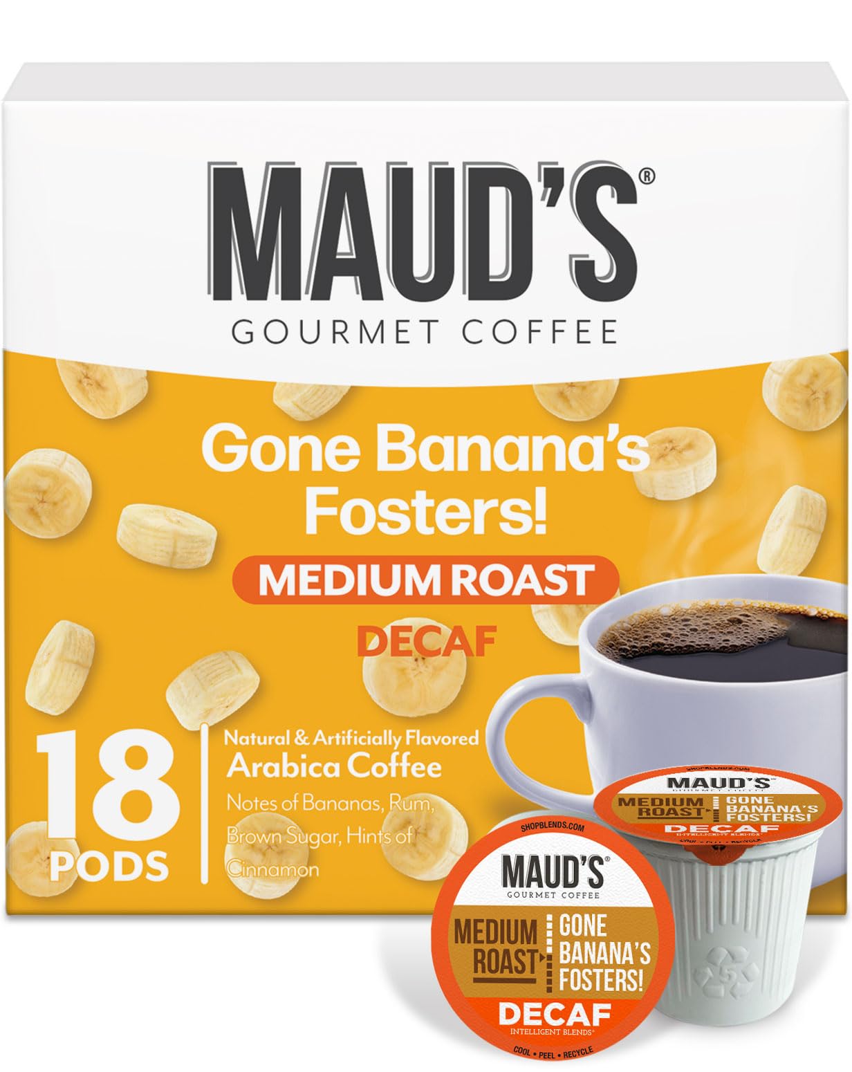 Maud's Decaf Banana Flavored Coffee Pods, 18 ct, Decaffeinated Medium Roast Flavored Coffee in Single Serve Pods - 100% Arabica Beans, Compatible
