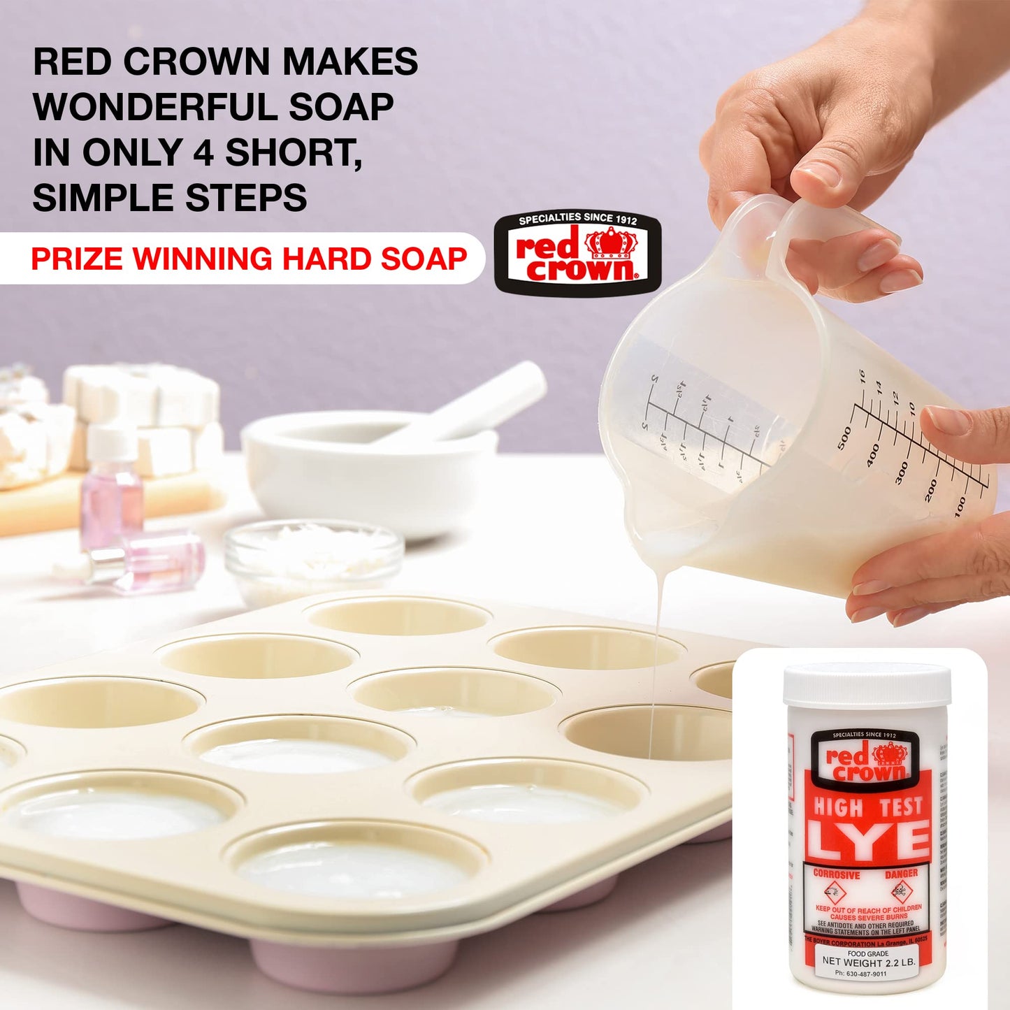 RED CROWN The Boyer Corporation Lye for Soap Making, Sodium Hydroxide Pure High Test Food Grade Lye, Caustic Soda, Drain Cleaner and Clog Remover, 4