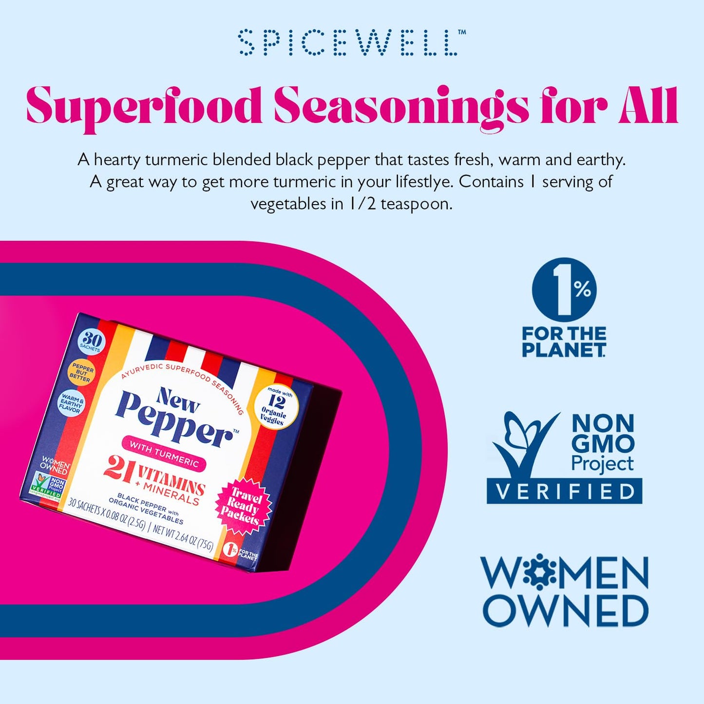 Spicewell - New Pepper in Travel Ready Packets - Ayurvedic Black Pepper with Turmeric, 21 Plant-Based Vitamins and Minerals - Fine Ground, 30 Count