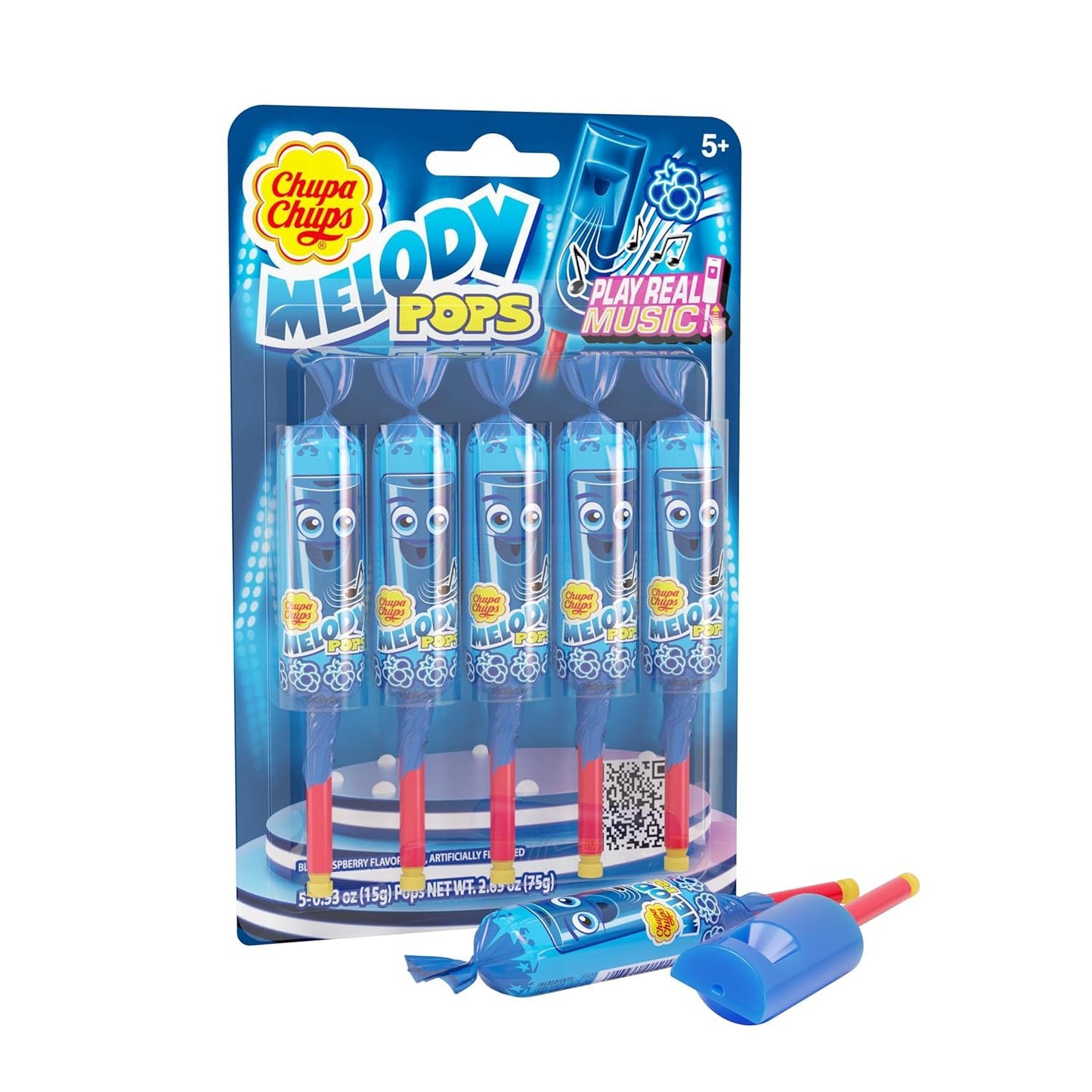 Chupa Chups Melody Pop, Blue Raspberry Flavor, Easter Candy, Easter Basket Essentials Stuffers for Kids and Adults, Whistle Individually Wrapped, 5