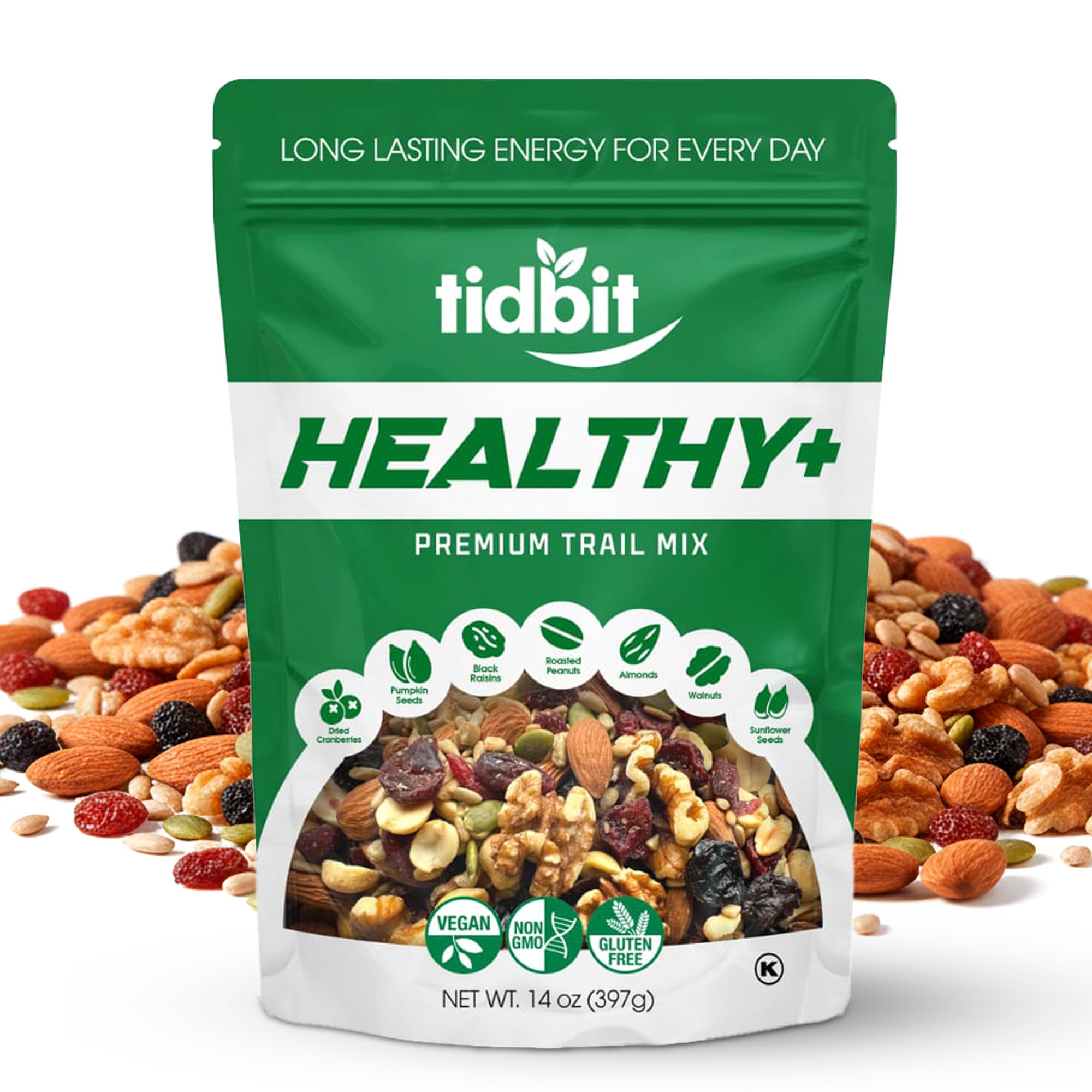 Tidbit Trail Mix with Roasted Peanuts, Almonds, Walnuts, Pumpkin Seeds, Sunflower Seeds, Black Raisins & Dried Cranberries - Mixed Nuts for Natural