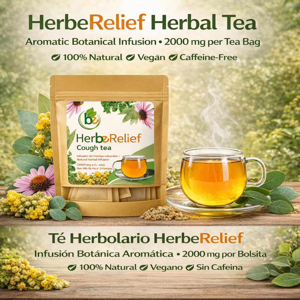 HerbeRelief Tea - Aromatic Botanical Infusion w/Gordolobo (Mullein Leaf),Oregano,Spearmint, Eucalyptus, Echinacea & Vitamin C - 24 Tea Bags (2000 mg