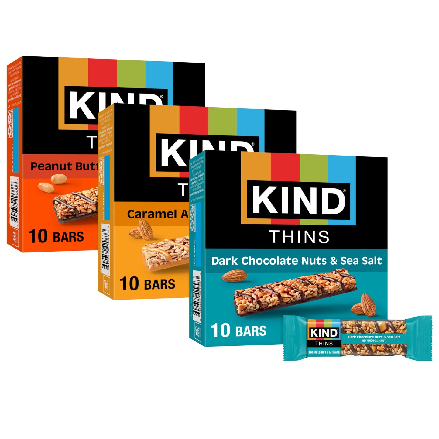 KIND Thins Snack Bars Variety Pack, Gluten Free, Low Calorie, Healthy Snacks, Dark Chocolate Nuts & Sea Salt, Caramel Almond & Sea Salt, Peanut Butter