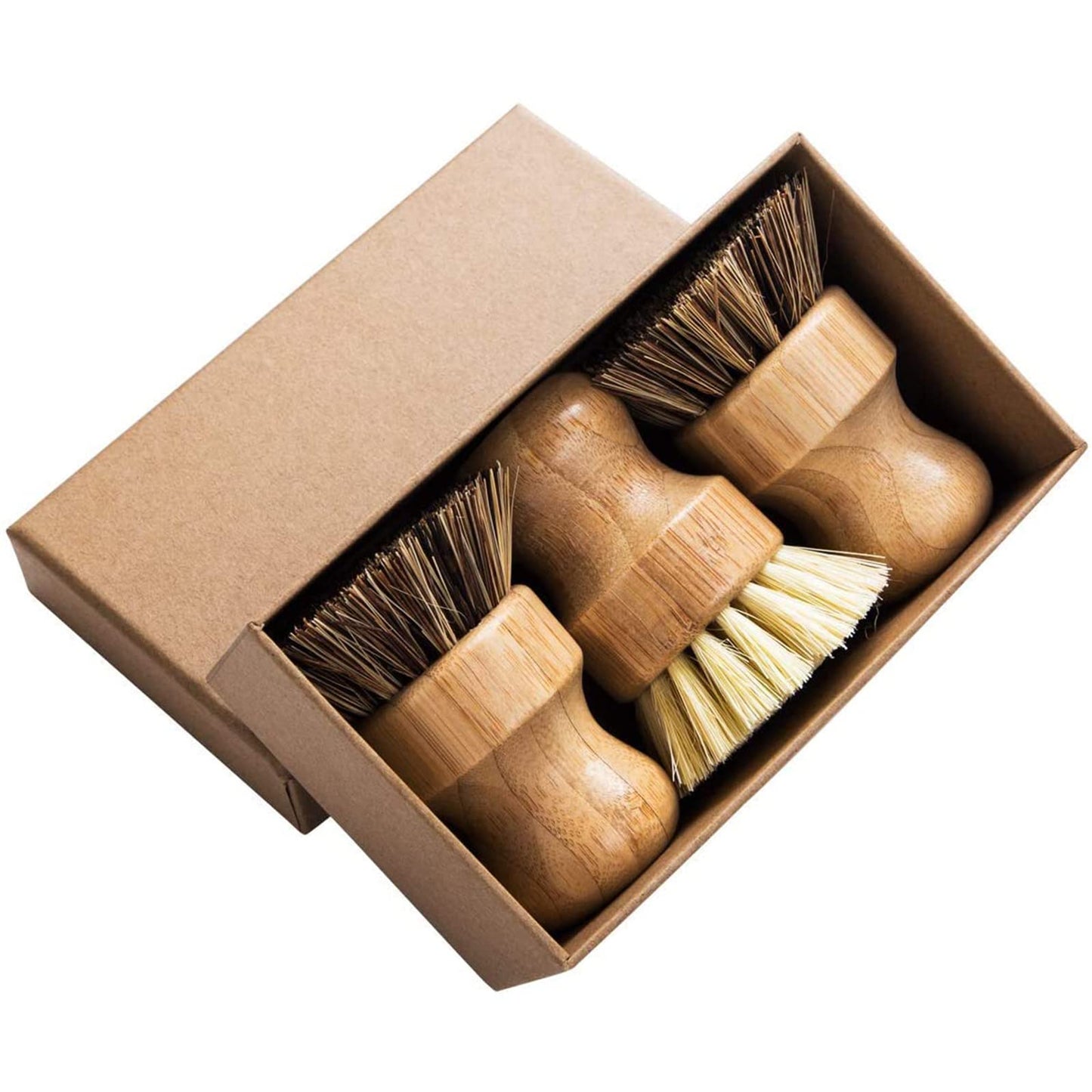 Palm Pot Brush- Bamboo Round 3 Packs Mini Dish Brush Natural Scrub Brush Durable Scrubber Cleaning Kit with Union Fiber and Tampico Fiber for Cleaning